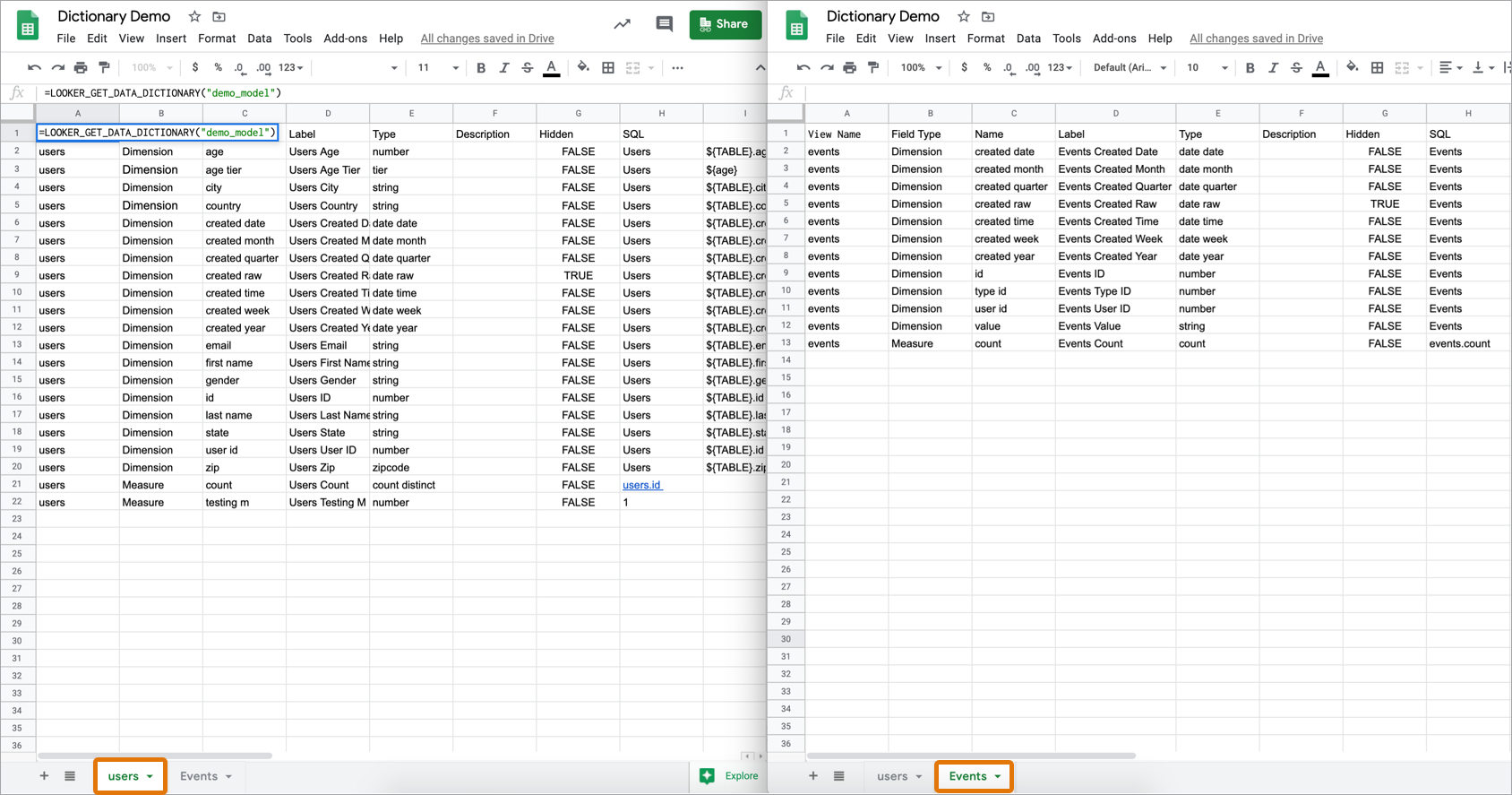 Generating a Data Dictionary in Google Sheets Looker Help Center